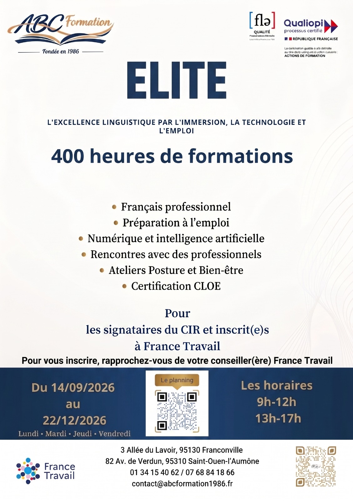 Affiche ELITE — Excellence Linguistique par l'Immersion, la Technologie et l'Emploi, ABC Formation