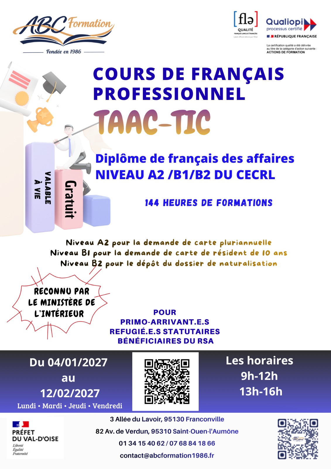 Affiche TAAC-TIC — Cours de français professionnel, diplôme de français des affaires A2/B1/B2, ABC Formation